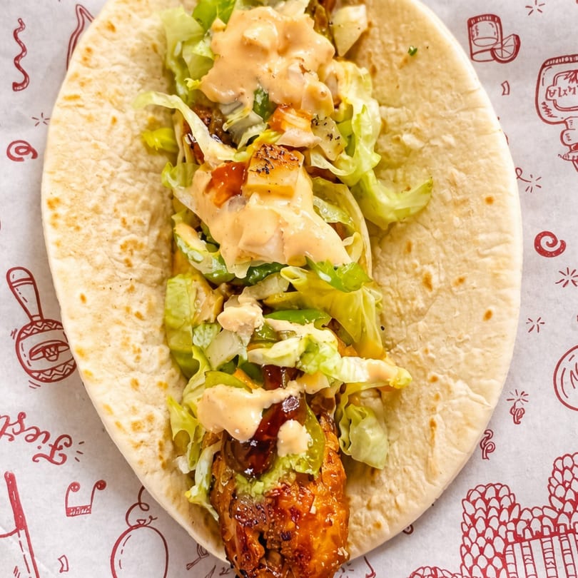 Overhead view of a Fusion Tikka Taco with chicken, lettuce, and creamy sauce on patterned paper.