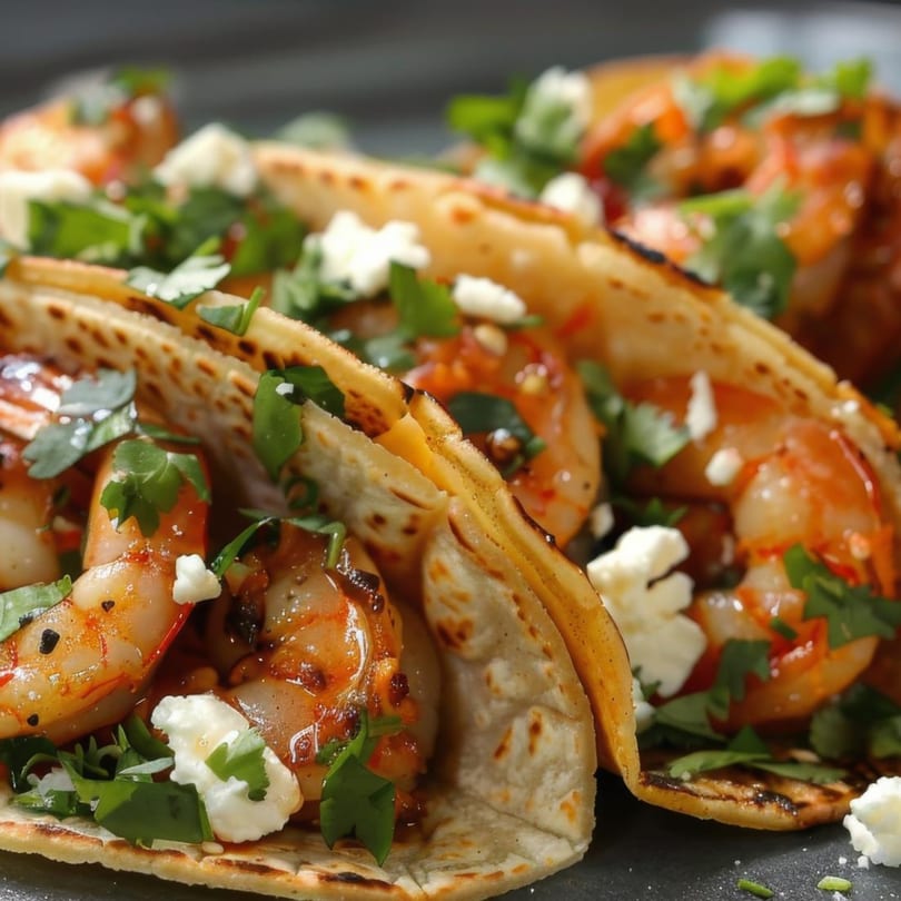 Close-up of Fusion Tikka Taco's shrimp tacos with cilantro and feta cheese.