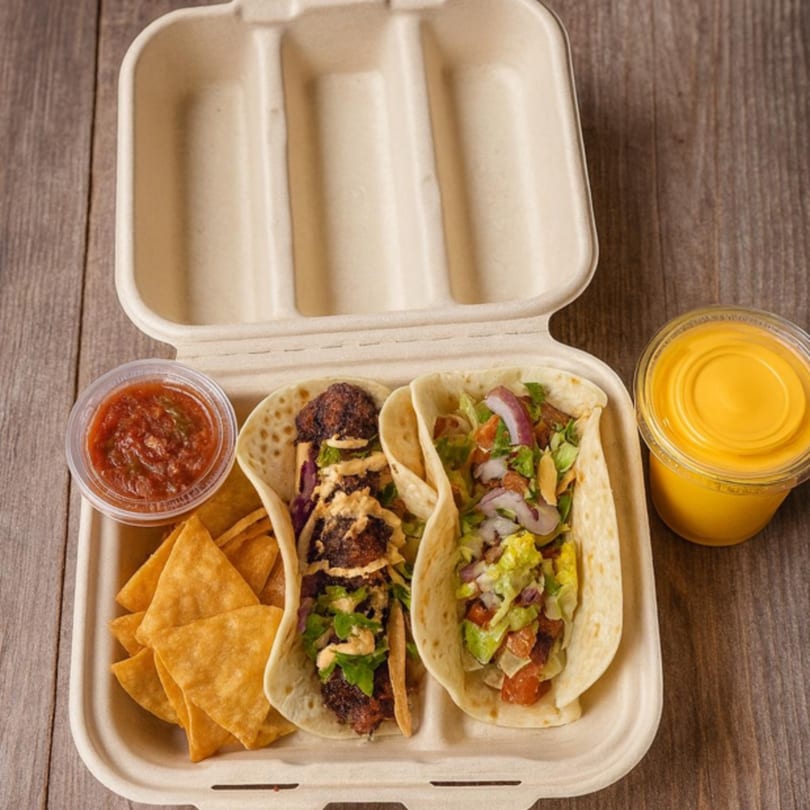 Two Fusion Tikka Tacos, tortilla chips, salsa, and a drink in a takeout container.
